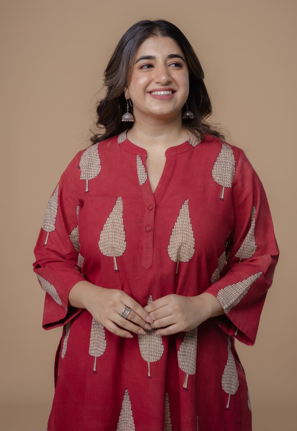 Nysa Red Dabu Slub Cotton Straight Co-Ord Set