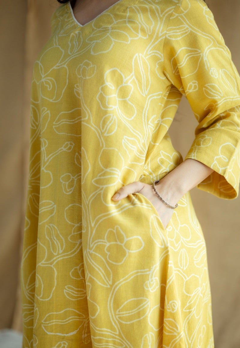 Zoya Mustard Hand Block Print Slub Cotton A Line Kurta with Hand Embroidery