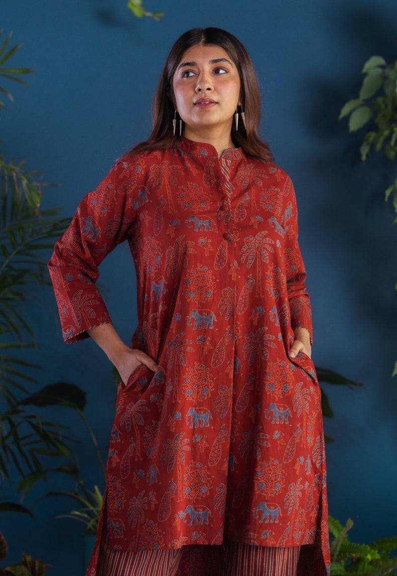 Ruhaina Red Ajrakh Cotton Straight Kurta