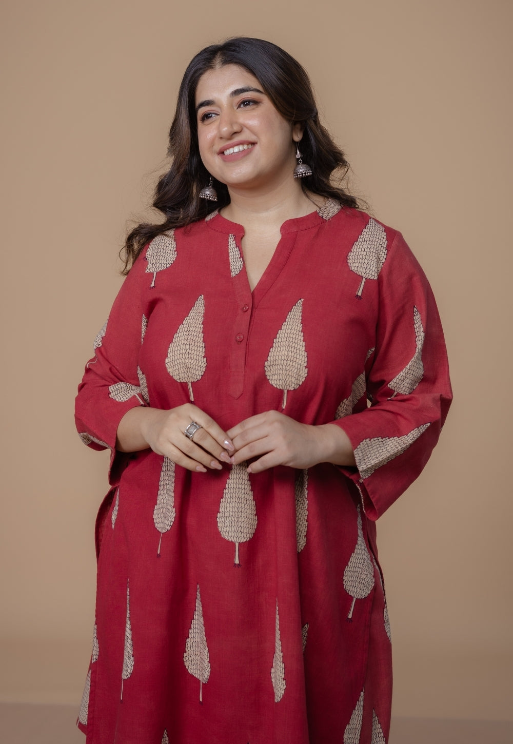 Nysa Red Dabu Slub Cotton Straight Co-Ord Set