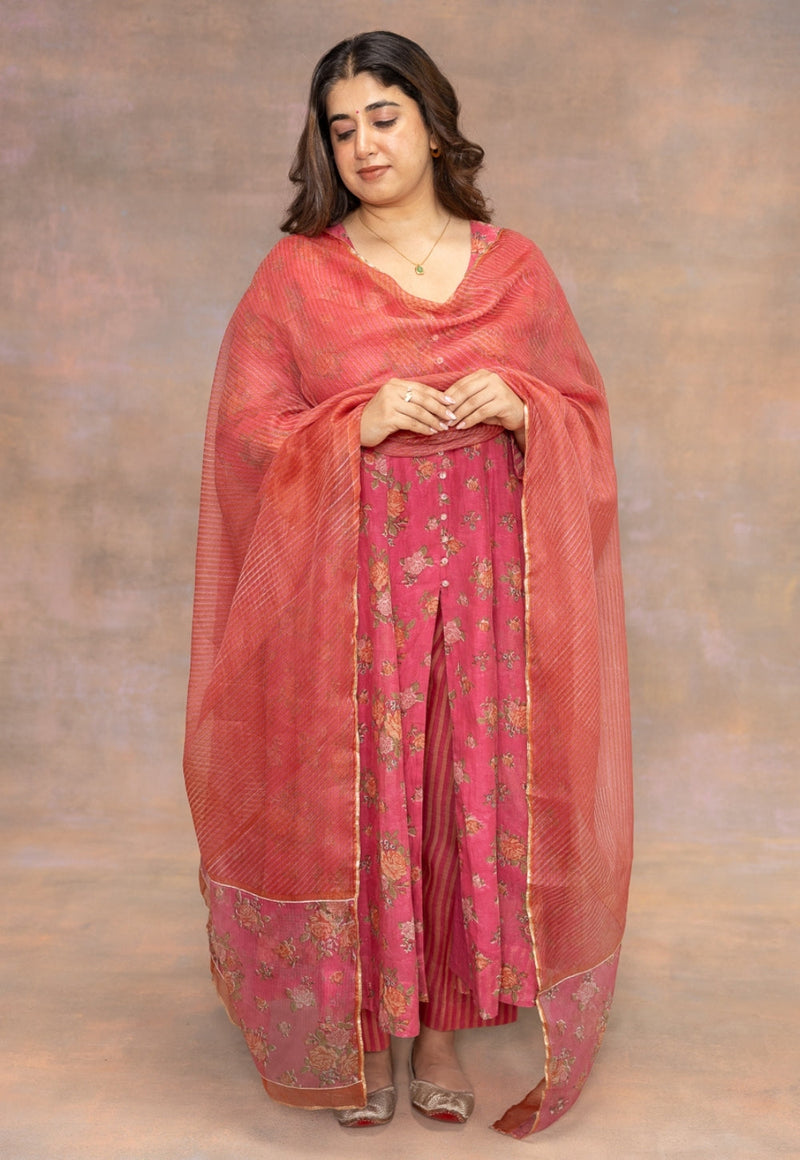 Rosaline Pink Sanganeri Chanderi Silk Kali Kurta with Hand Embroidery