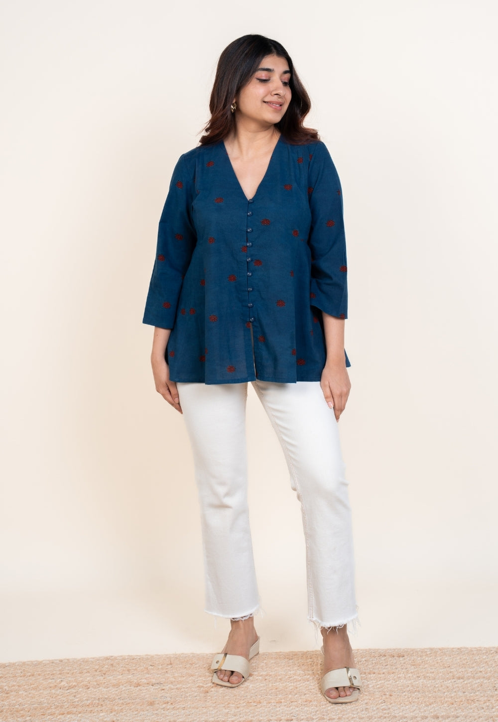 Yuvika Blue Ajrakh Cotton A Line Short Top