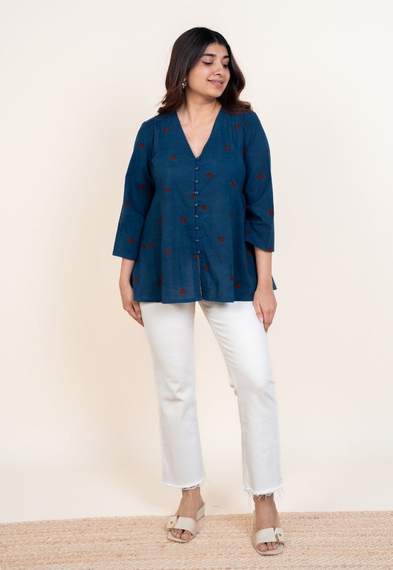 Yuvika Blue Ajrakh Cotton A Line Short Top