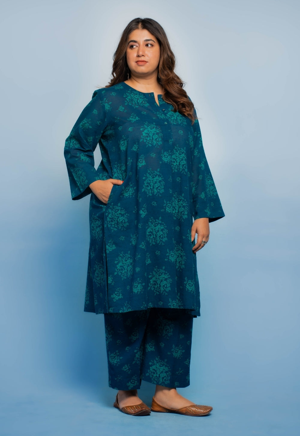 Harshi Blue Dabu Mul Cotton Straight Co-Ord Set