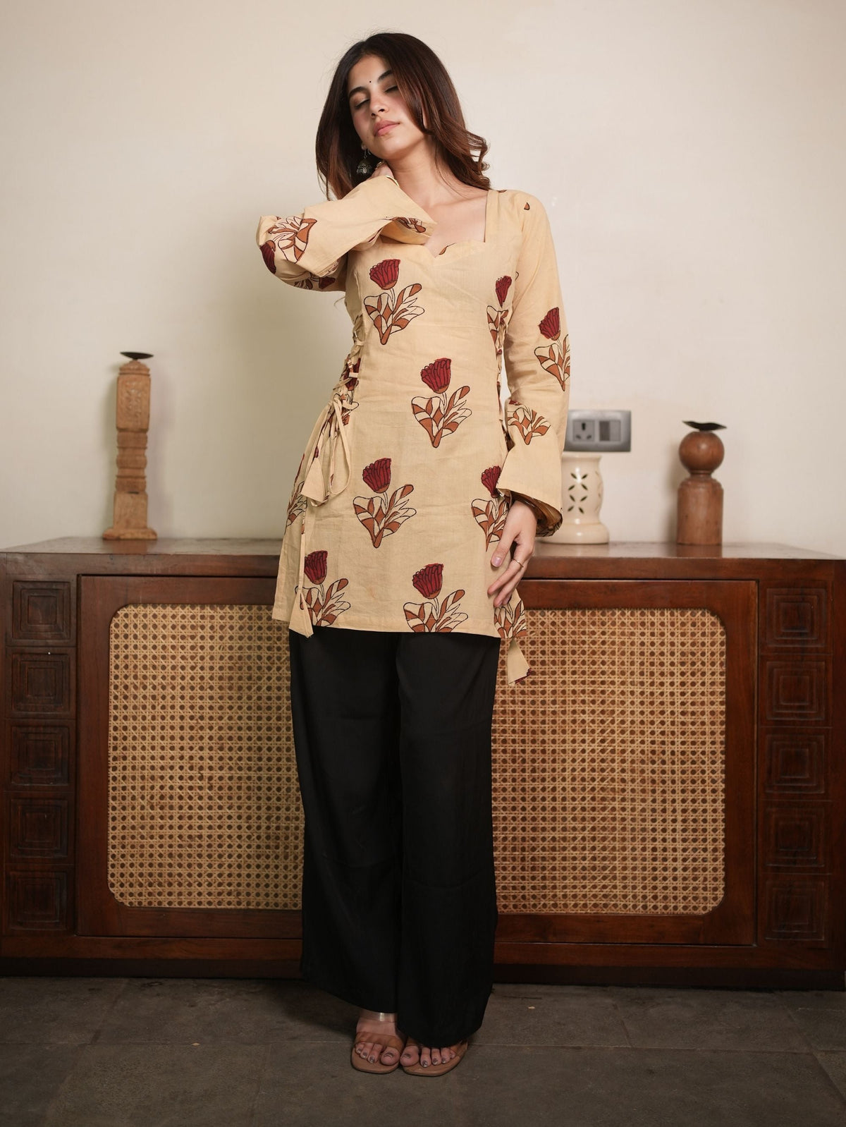 Phool Bloom Beige Cotton Short Kurti with Floral Print