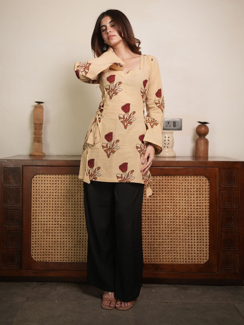 Phool Bloom Beige Cotton Short Kurti with Floral Print