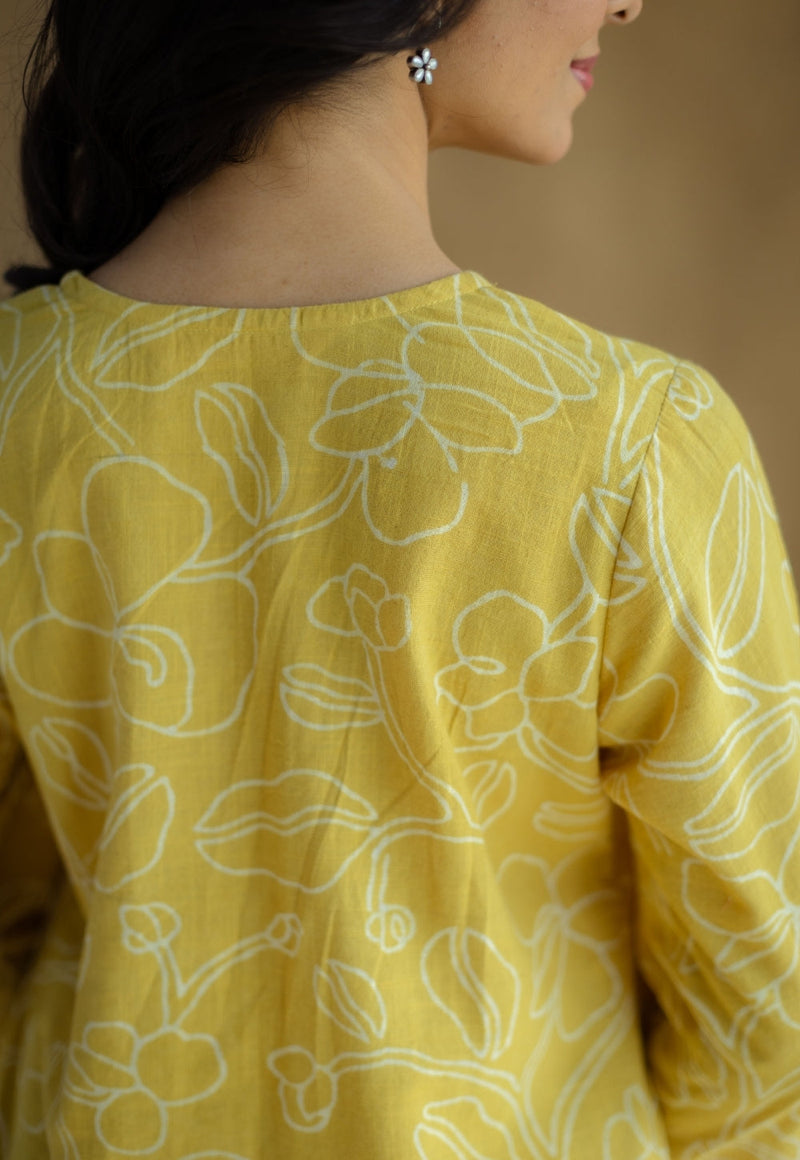 Zoya Mustard Hand Block Print Slub Cotton A Line Kurta with Hand Embroidery