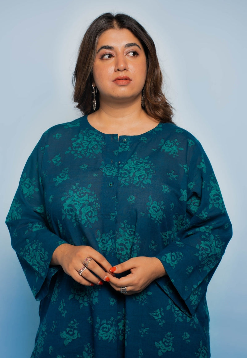 Harshi Blue Dabu Mul Cotton Straight Co-Ord Set