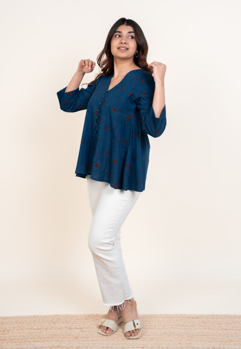 Yuvika Blue Ajrakh Cotton A Line Short Top