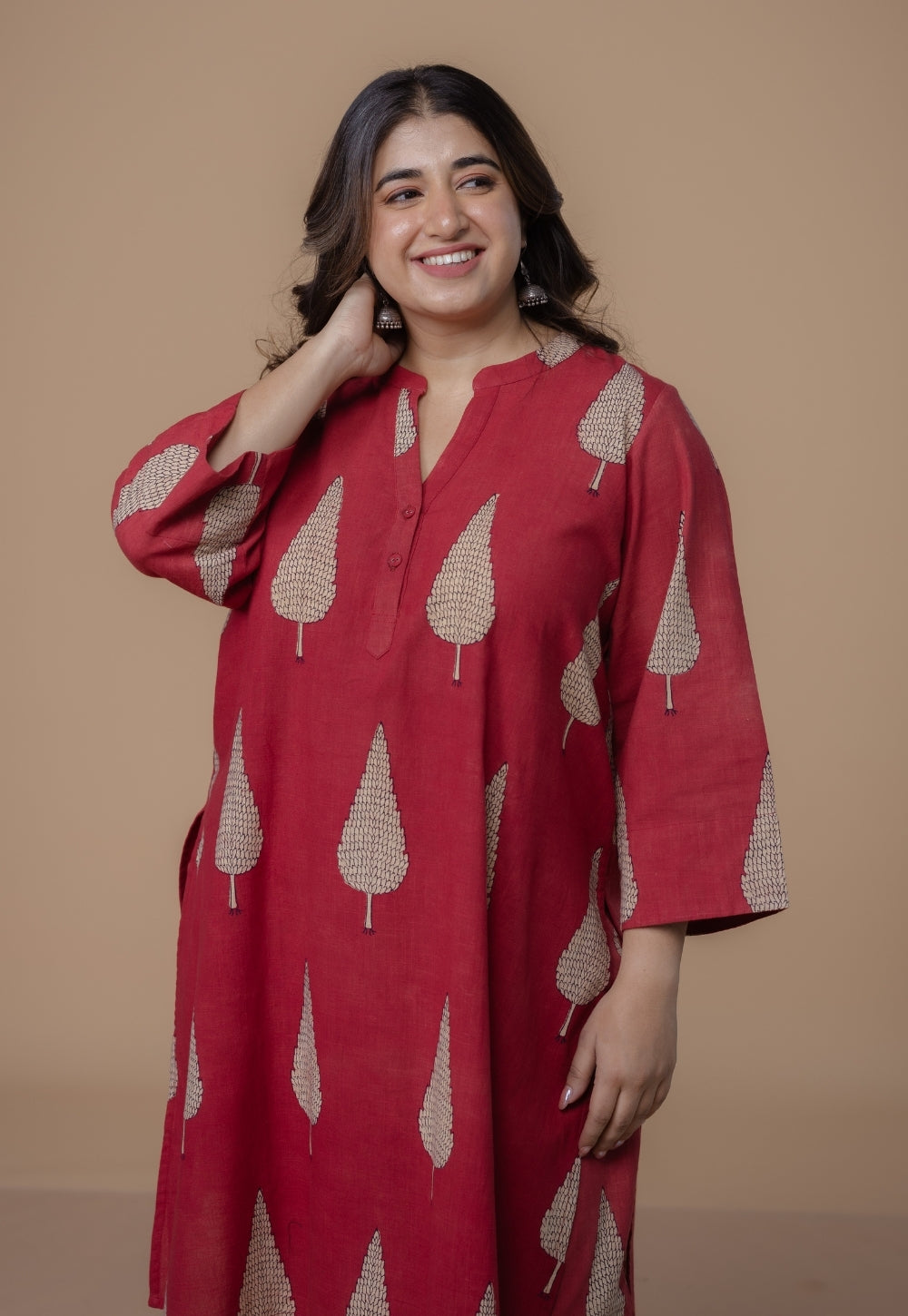 Nysa Red Dabu Slub Cotton Straight Co-Ord Set