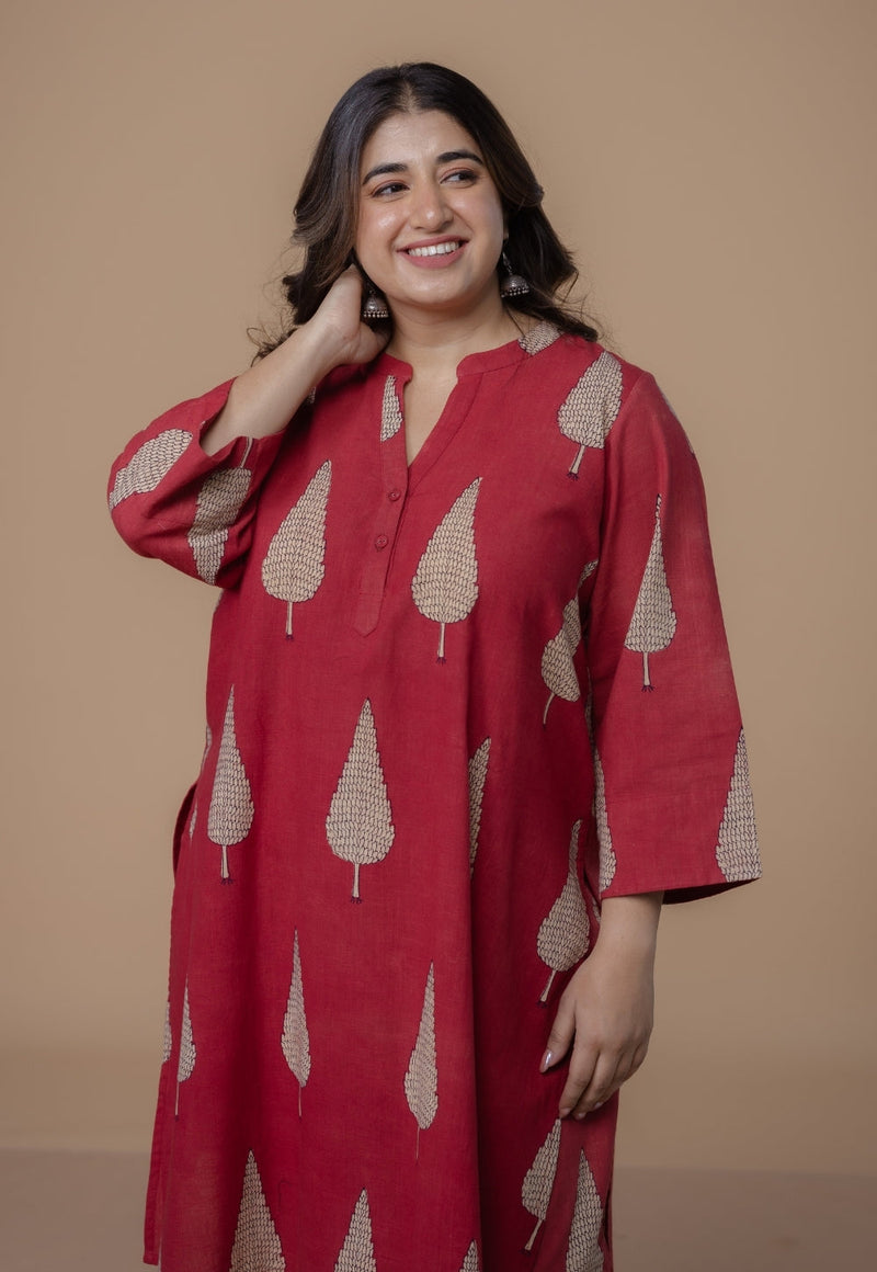 Nysa Red Dabu Slub Cotton Straight Co-Ord Set
