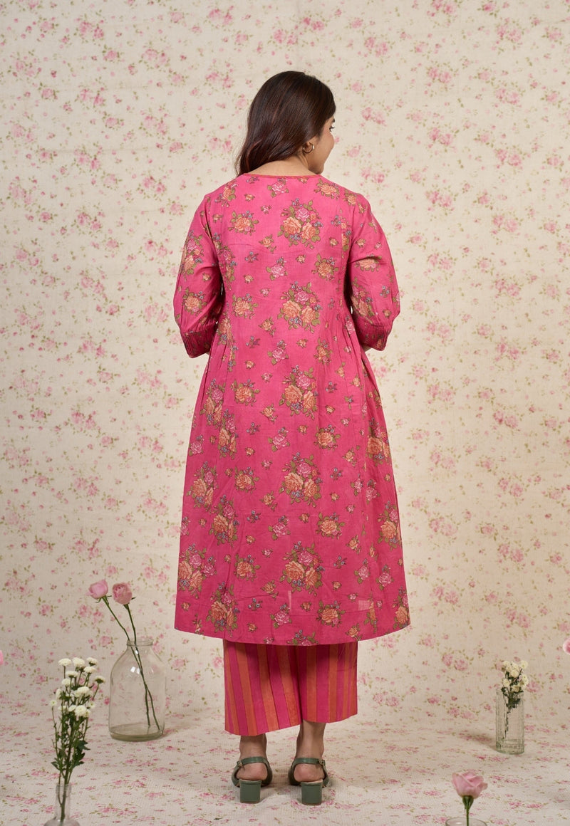 Rosie Pink Sanganeri Mul Cotton A Line Kurta