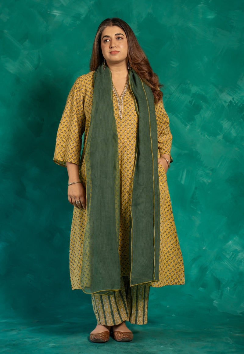 Azira Yellow Bagru Cotton A Line Kurta