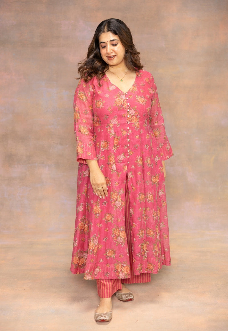 Rosaline Pink Sanganeri Chanderi Silk Kali Kurta with Hand Embroidery