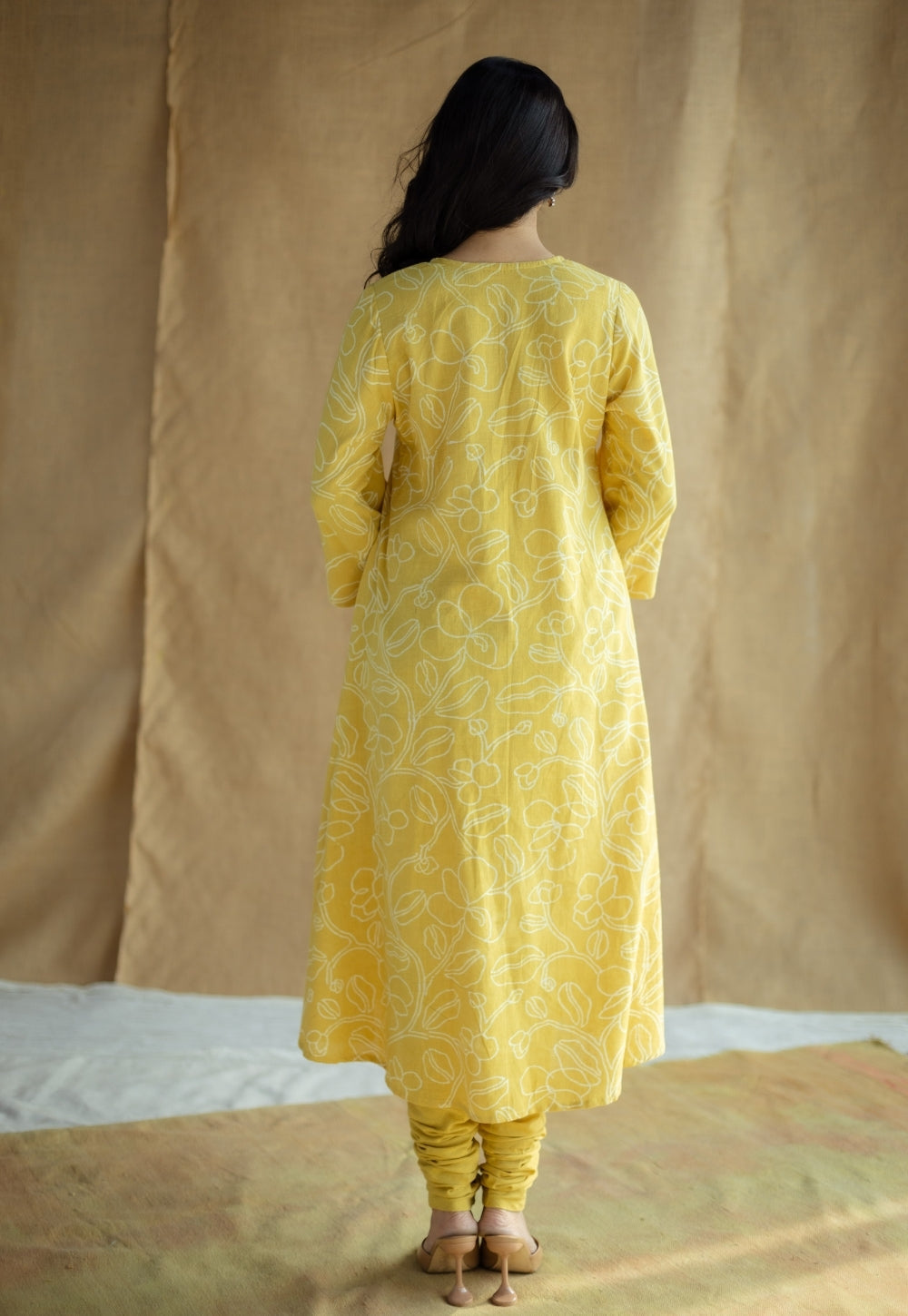 Zoya Mustard Hand Block Print Slub Cotton A Line Kurta with Hand Embroidery