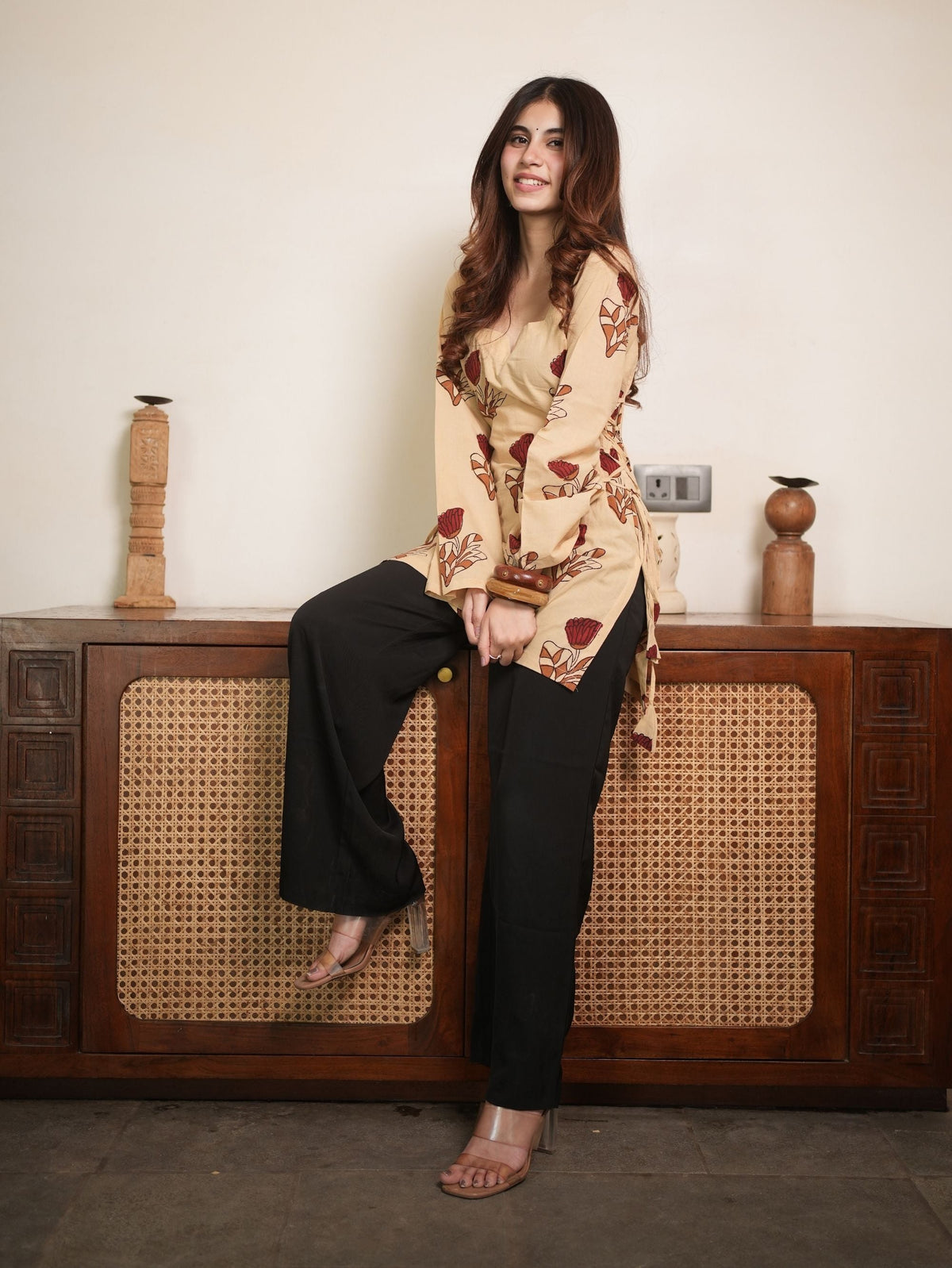 Phool Bloom Beige Cotton Short Kurti with Floral Print