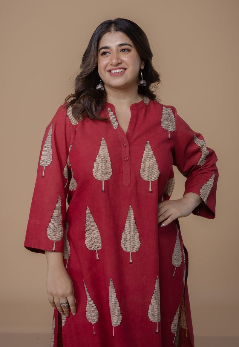 Nysa Red Dabu Slub Cotton Straight Co-Ord Set