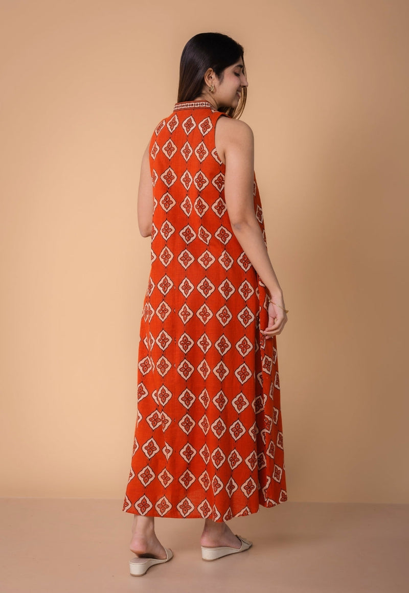 Arisha Orange Dabu Slub Cotton A Line Dress