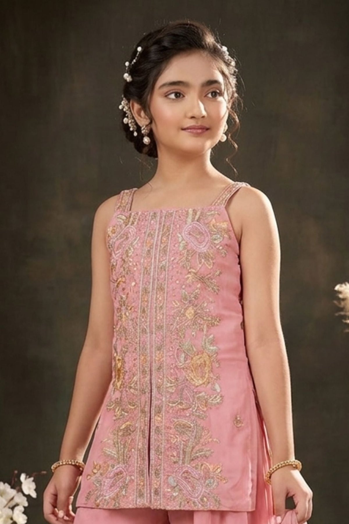 Girls Pink Palazzo Set with Heavy Floral Embroidered Kurti And Dupatta