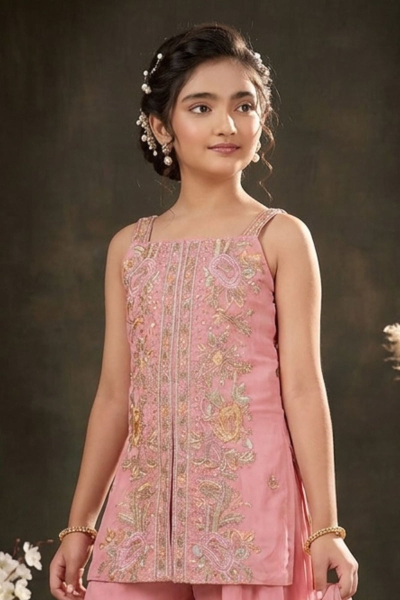 Girls Pink Palazzo Set with Heavy Floral Embroidered Kurti And Dupatta