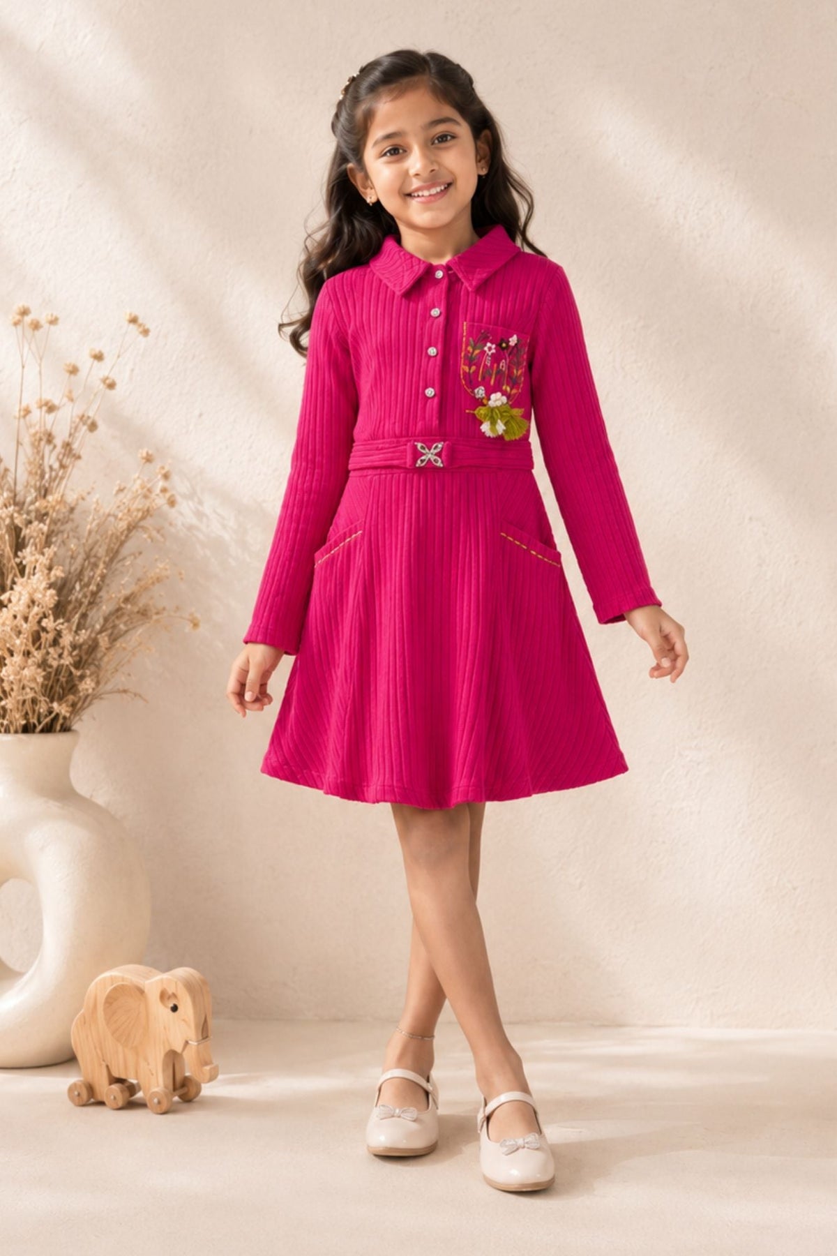 Rani Pink Ribbed Dress with Embroidered Pocket