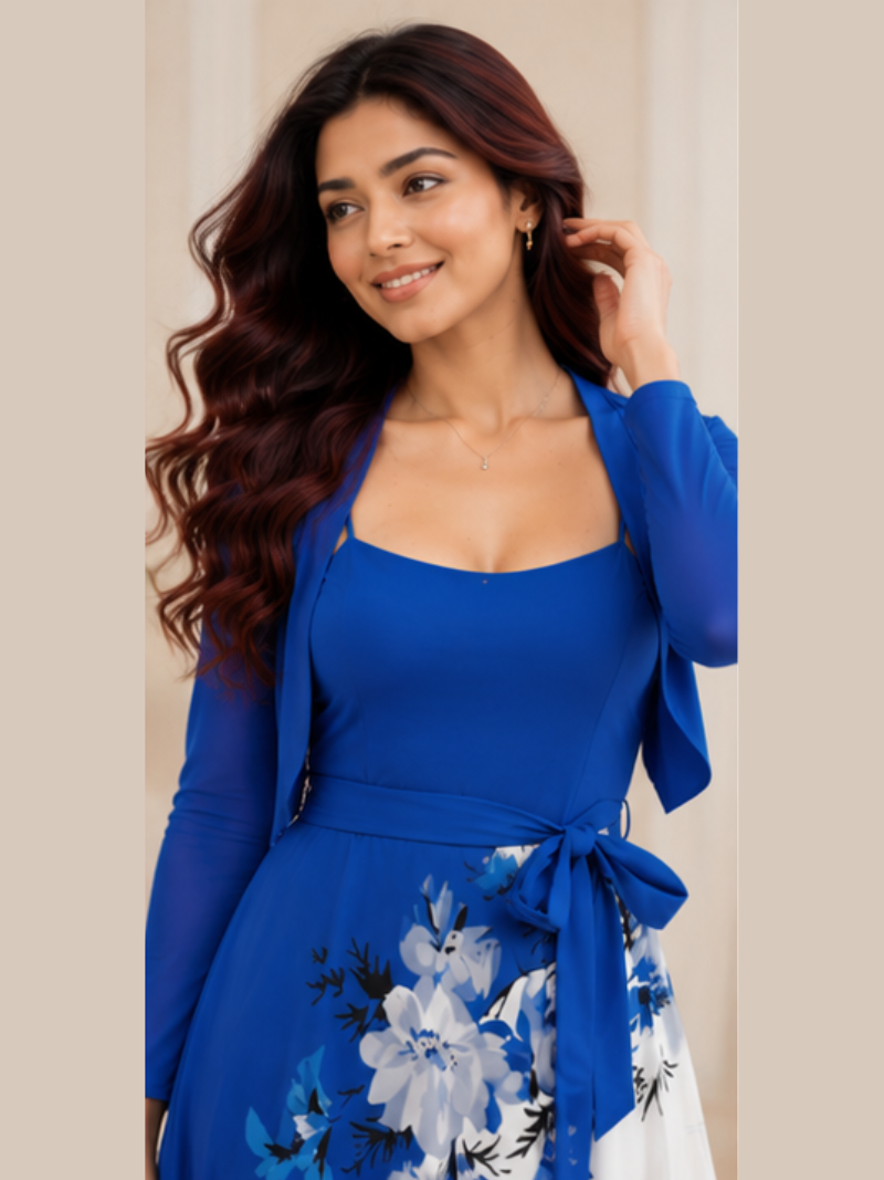 Amara Floral Midi Dress with Shrug | Blue Cardigan Jacket with Floral Suspender Dress Set