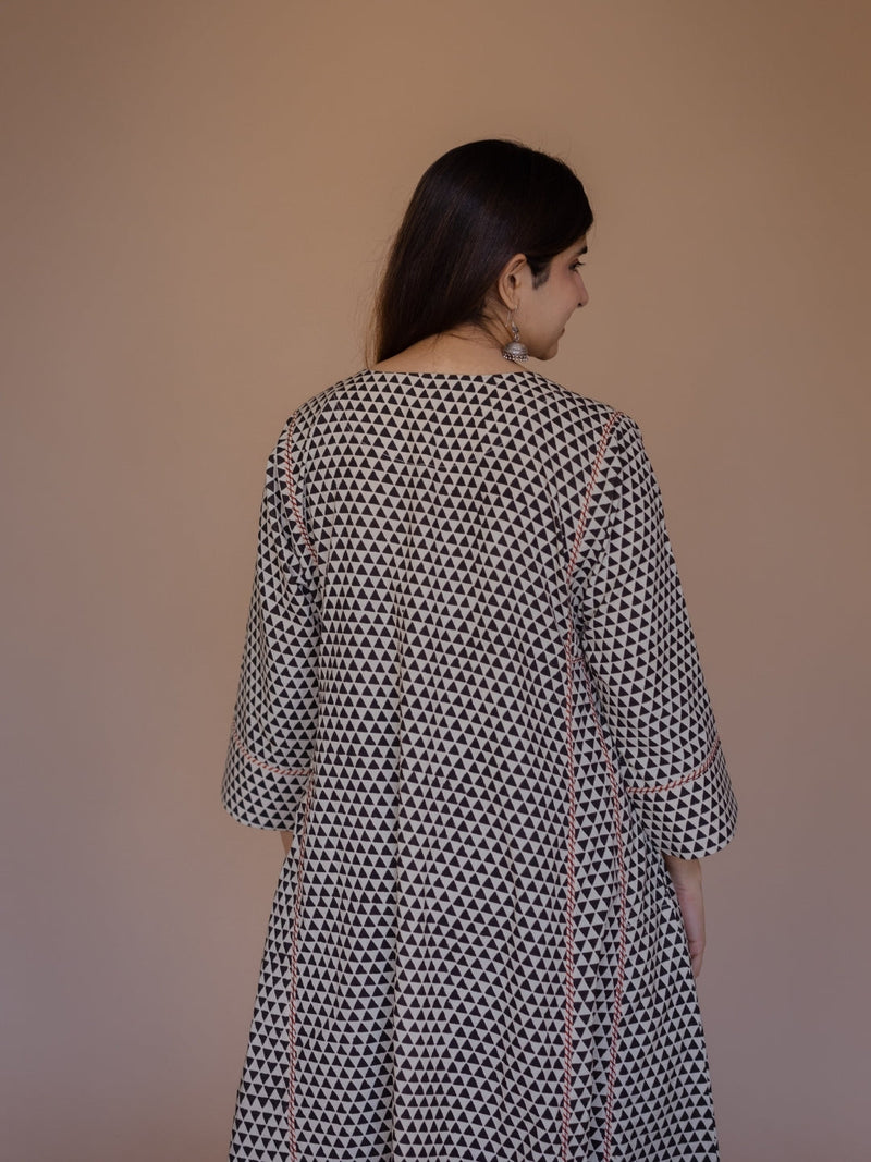 Nyra Off White Bagru Cotton Jhabbha Kali Kurta with Embroidery