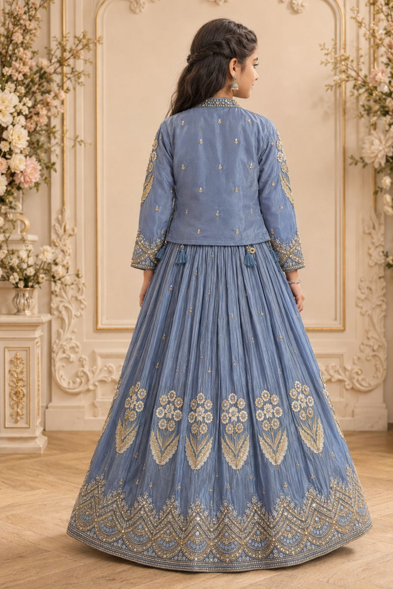 Dusty Blue Heavy Floral Embroidered Lehenga Choli with Jacket
