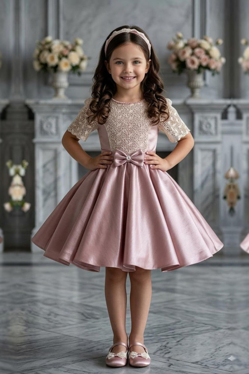 Dusty Pink Satin Party Frock with Floral Lace Bodice
