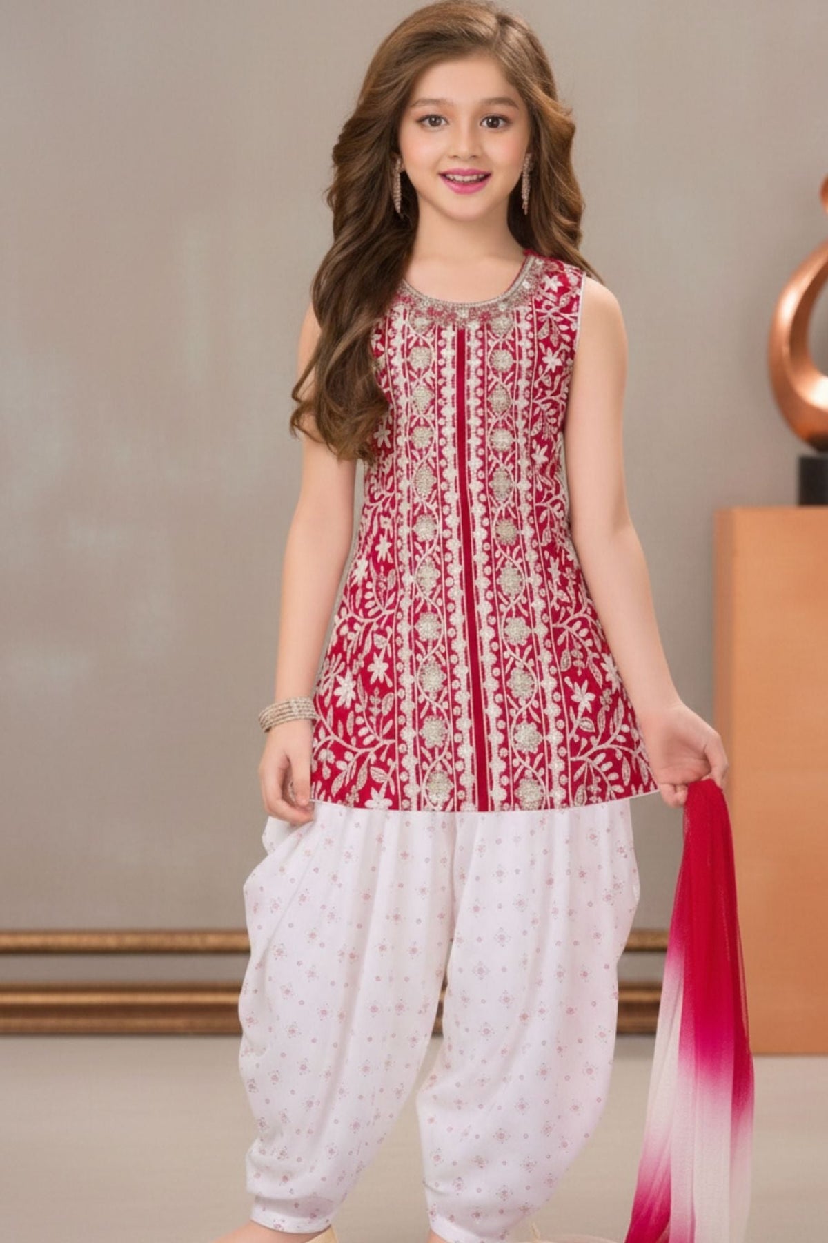 Rani Pink Embroidered Patiala Suit Set With Dupatta For Girls