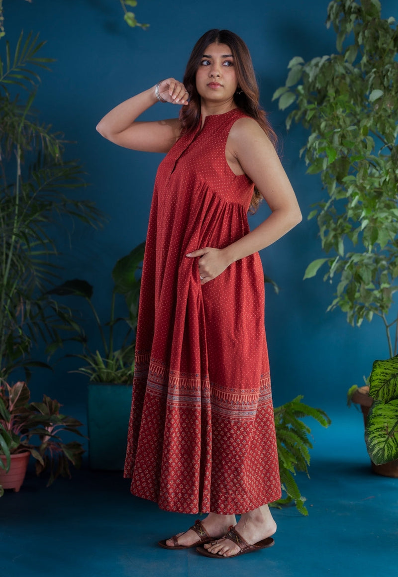 Zivaa Red Ajrakh Cotton A Line Dress