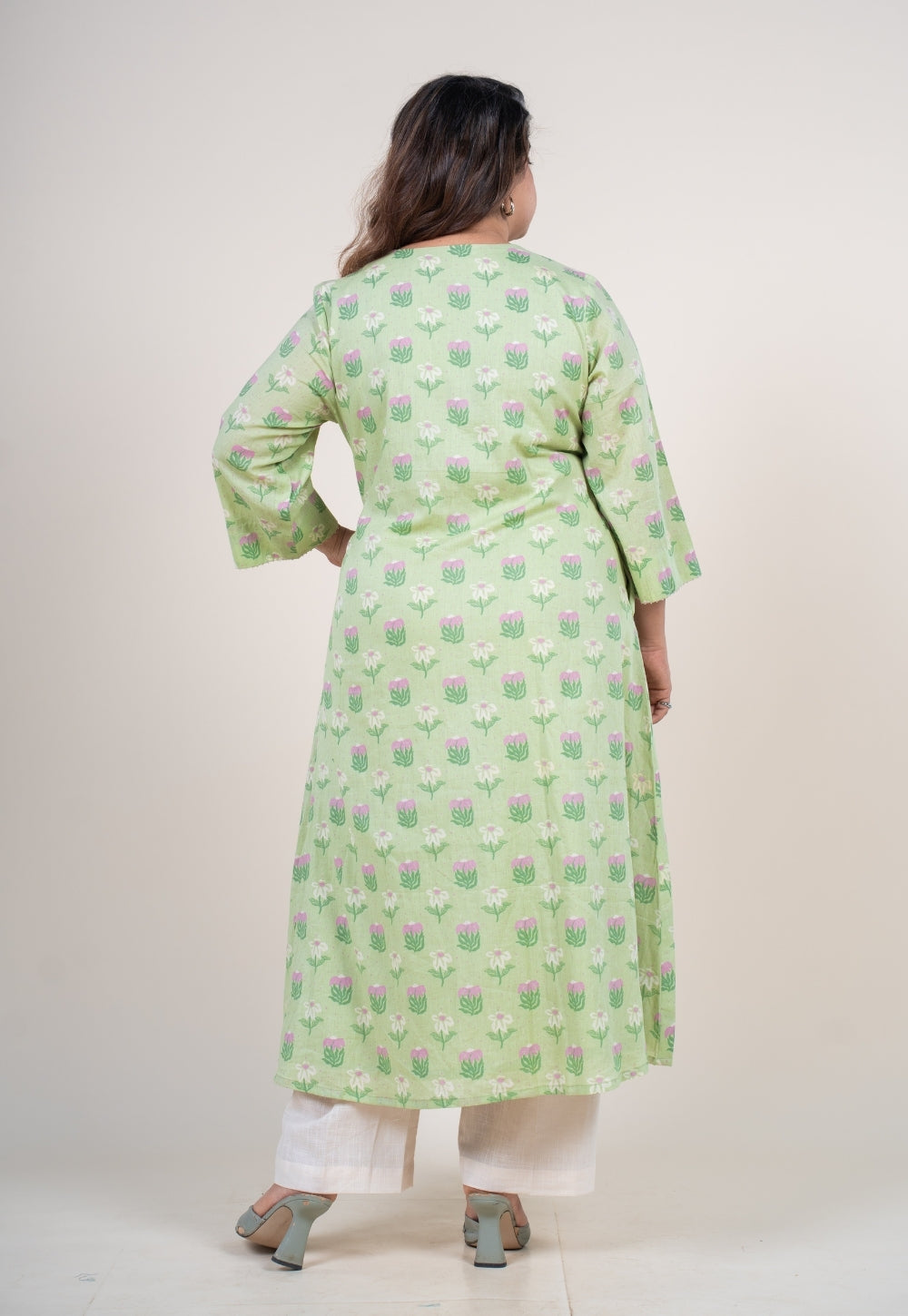 Reva Mint Green Printed Mul A Line Kurta with Hand Embroidery