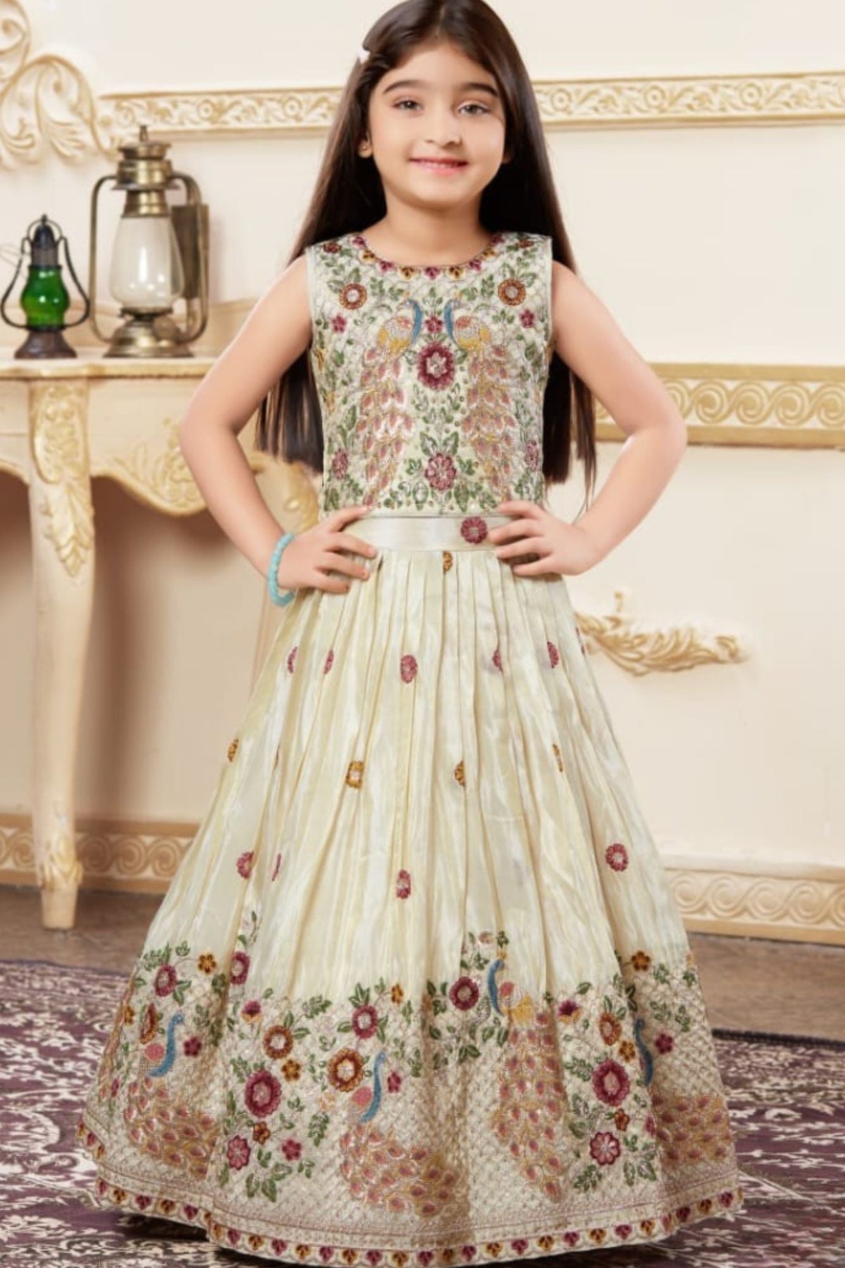 Cream Embroidered Lehenga Choli with Regal Peacock Motifs For Girls