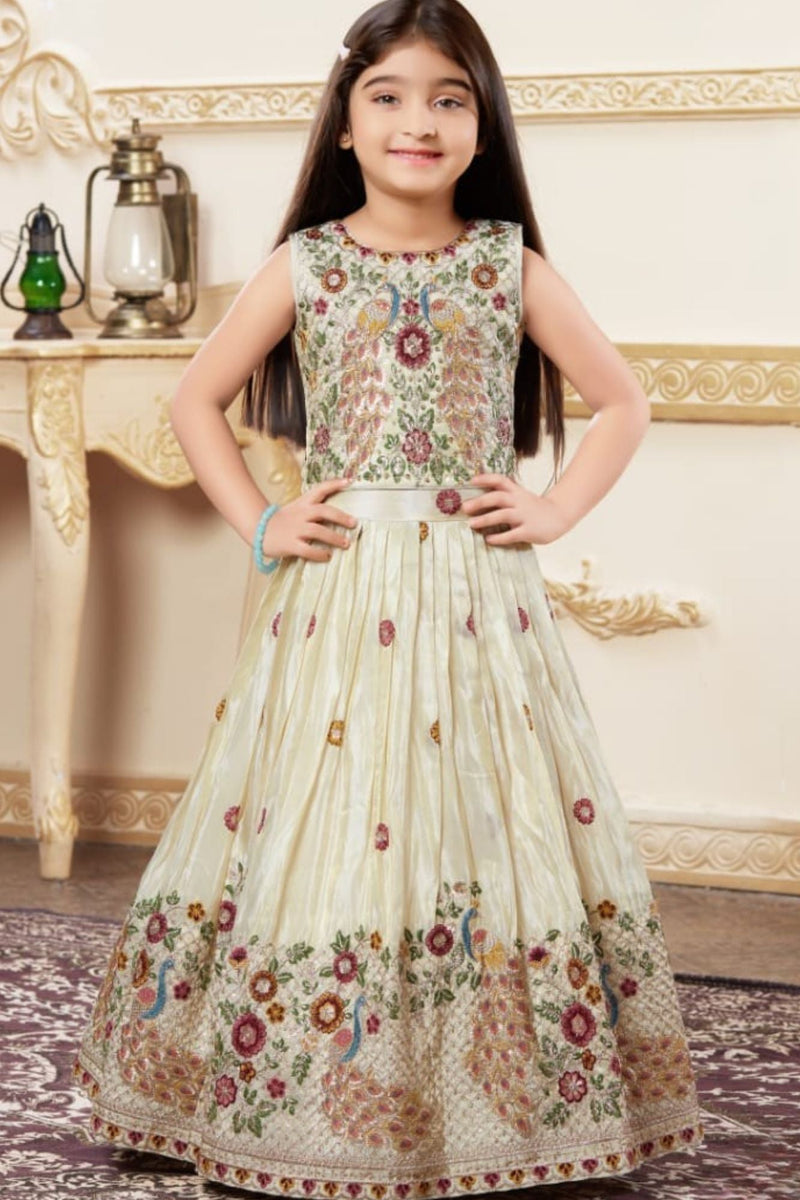 Cream Embroidered Lehenga Choli with Regal Peacock Motifs For Girls