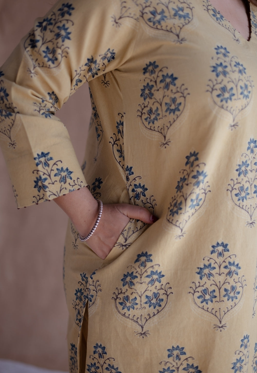 Kavya Yellow Ajrakh Cotton Straight Kurta with Hand Embroidery