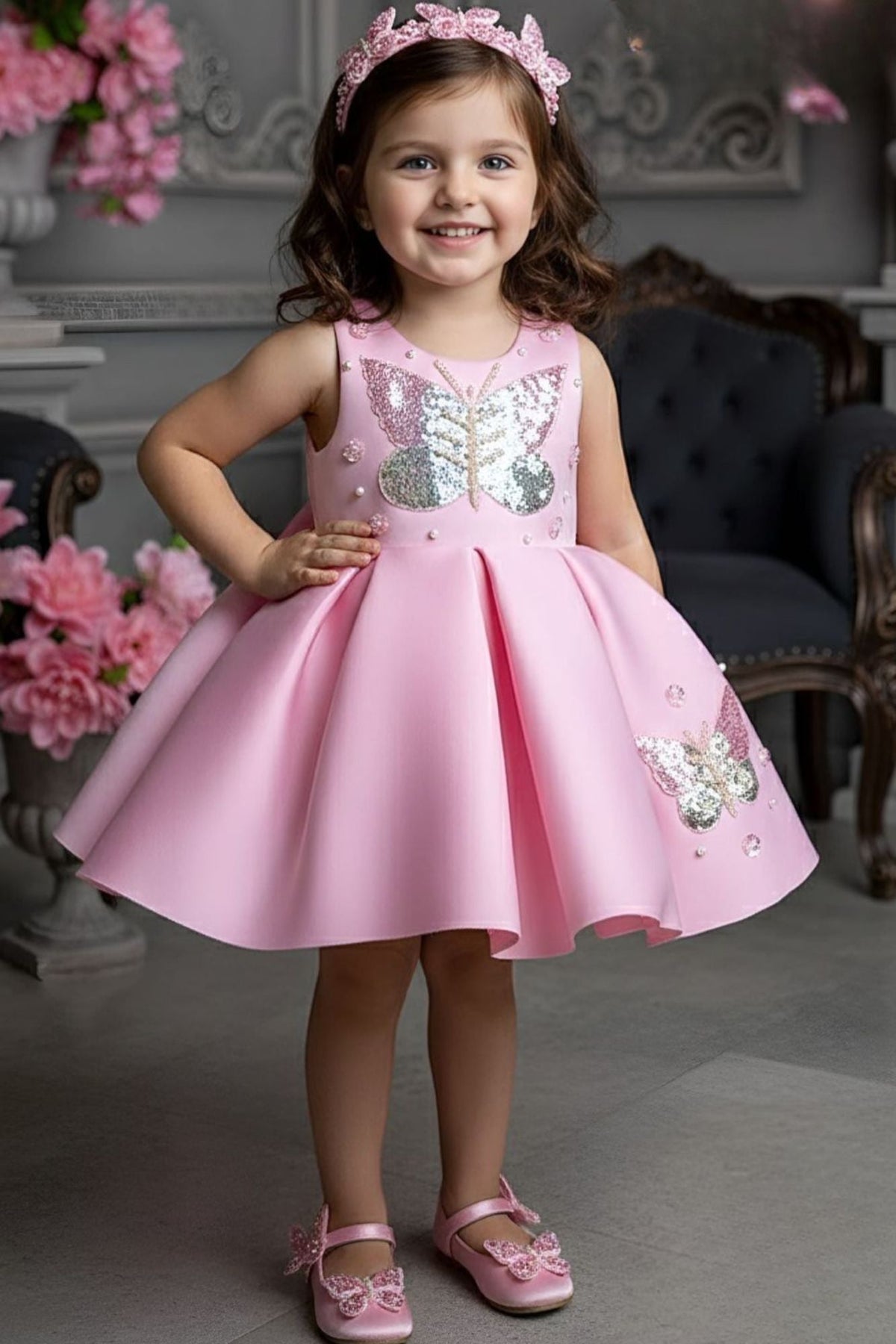 Baby Pink Butterfly Sequin Party Frock For Girls