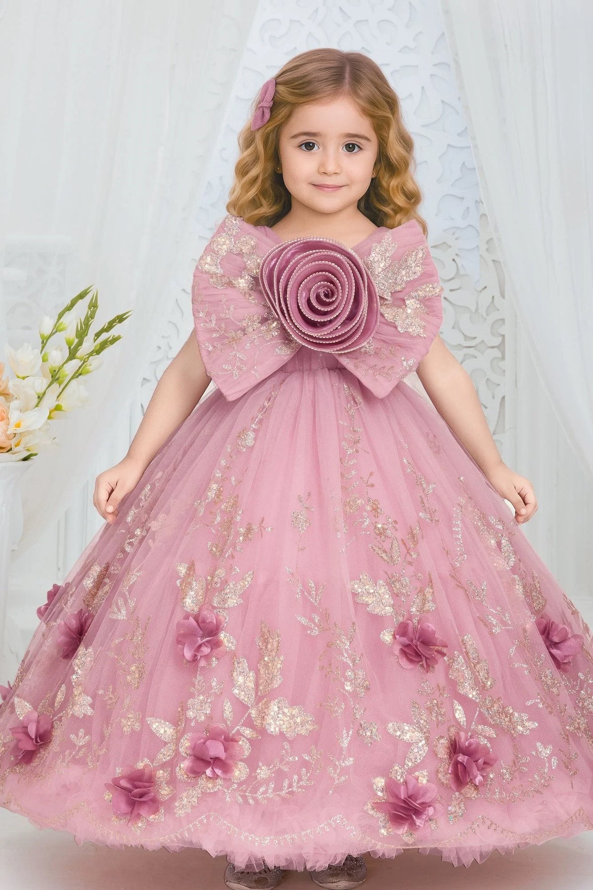 Pink Ball Gown with Oversized Rosette Bow & 3D Floral Appliqué For Girls
