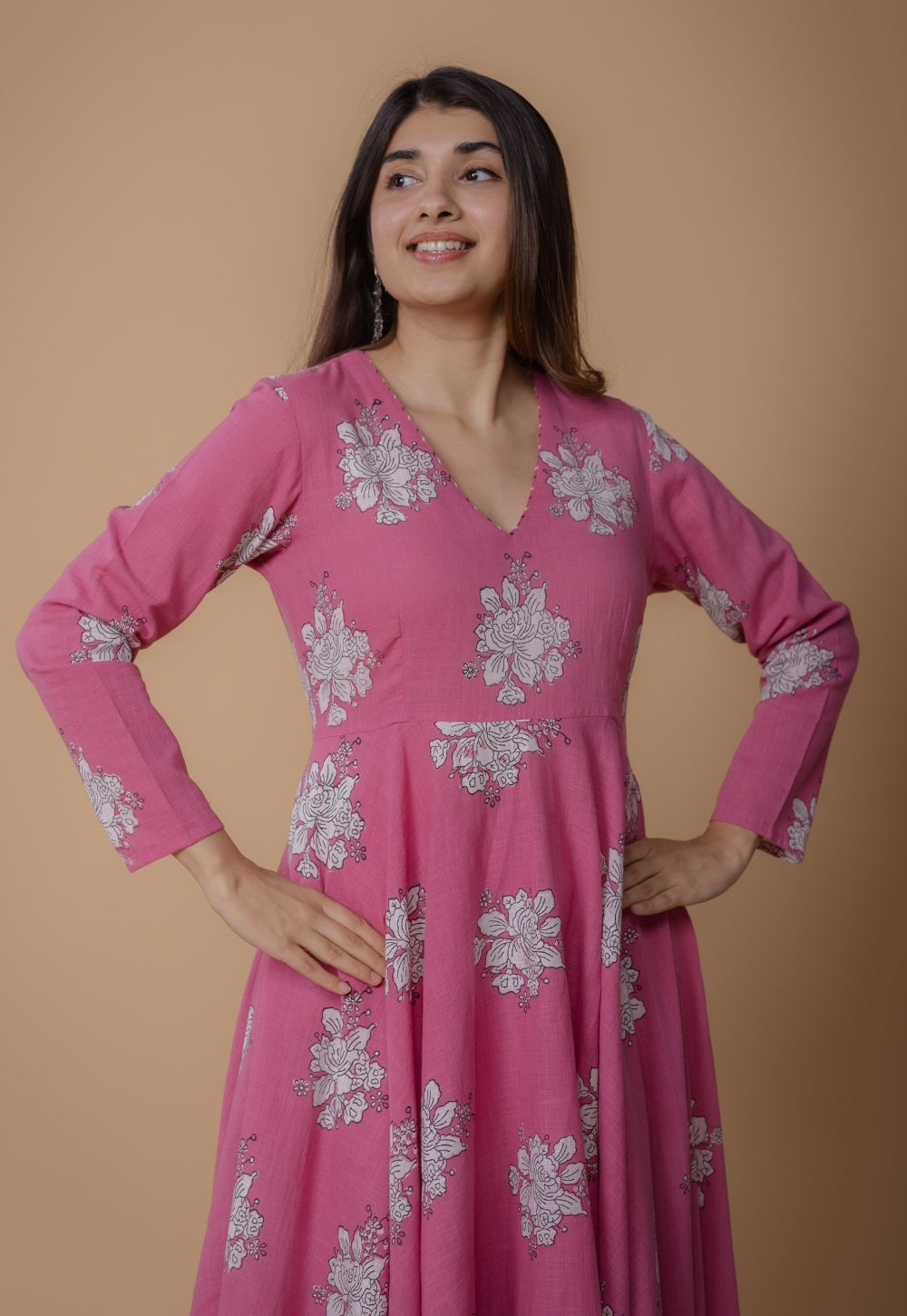 Ruvika Pink Dabu Slub Cotton A Line Kurta