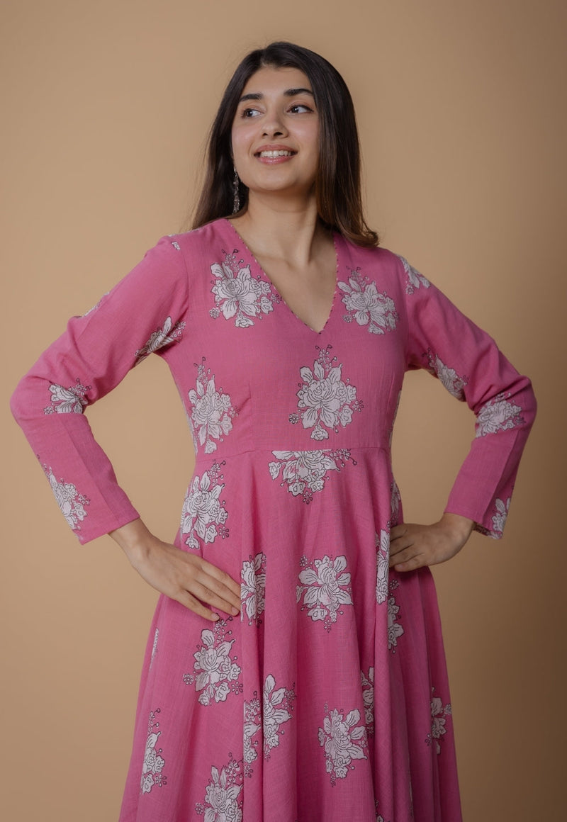 Ruvika Pink Dabu Slub Cotton A Line Kurta