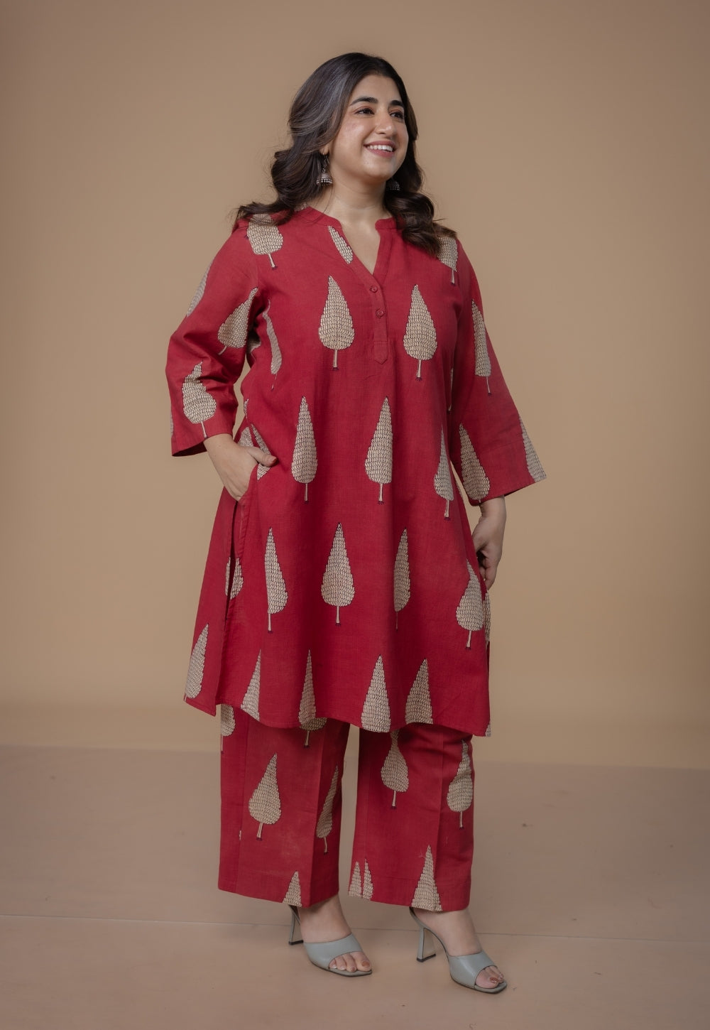 Nysa Red Dabu Slub Cotton Straight Co-Ord Set