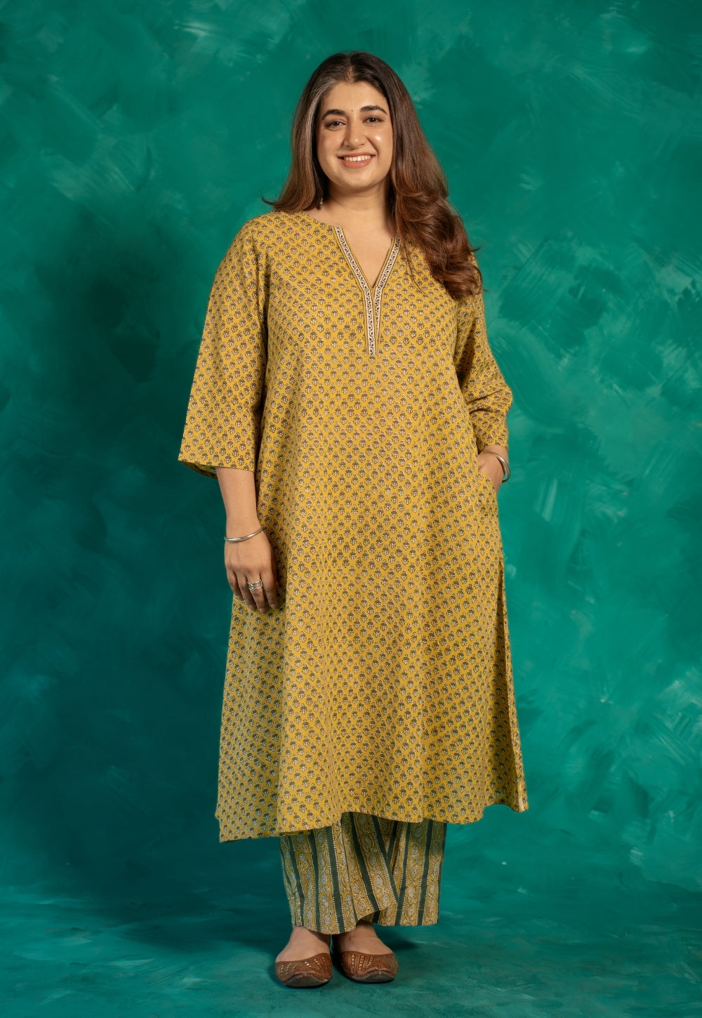Azira Yellow Bagru Cotton A Line Kurta