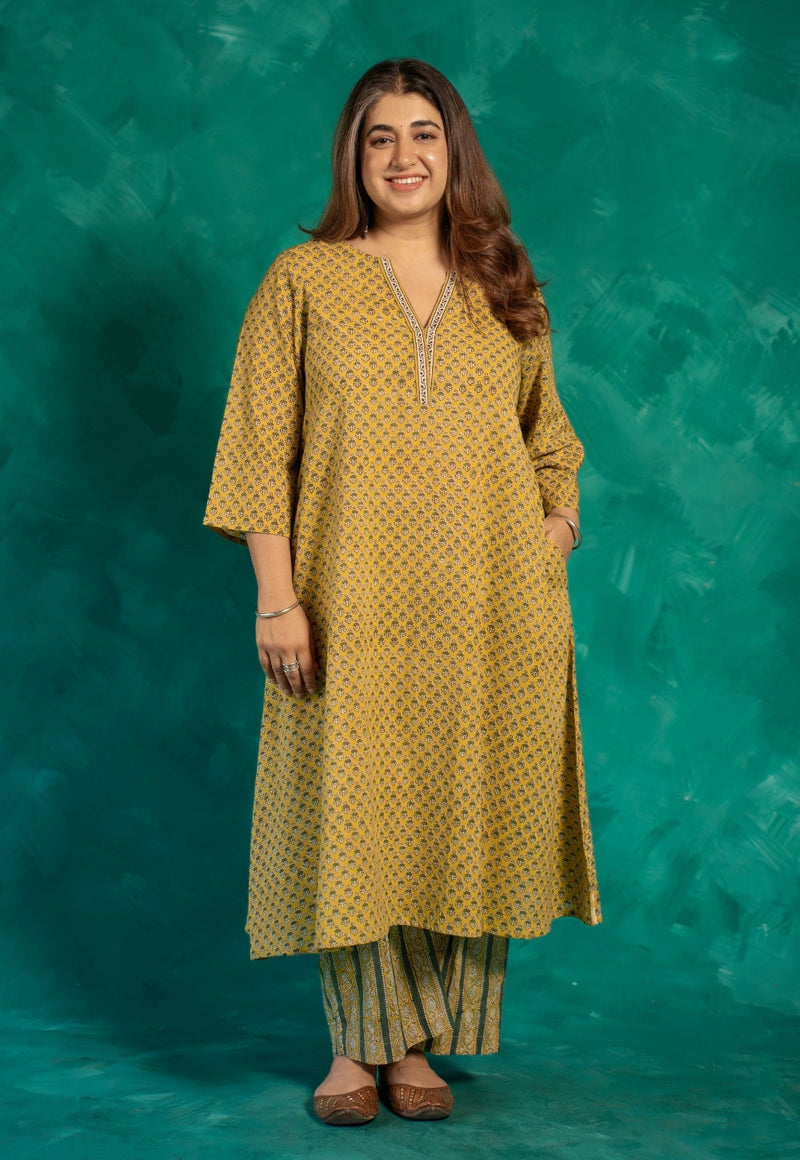 Azira Yellow Bagru Cotton A Line Kurta