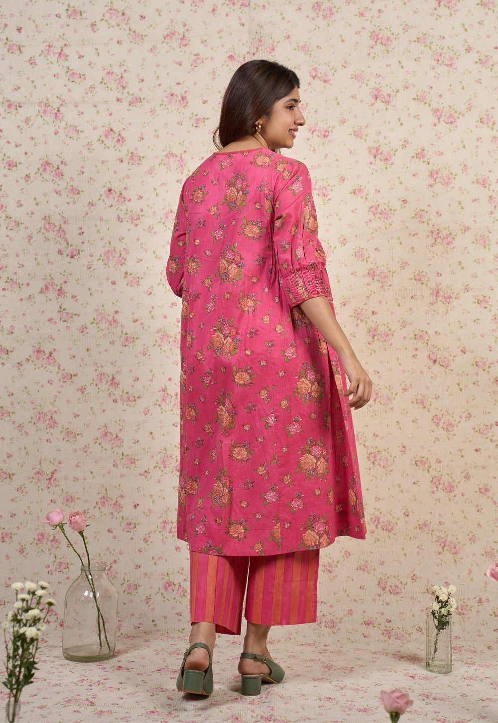 Rosie Pink Sanganeri Mul Cotton A Line Kurta