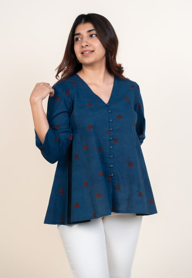 Yuvika Blue Ajrakh Cotton A Line Short Top