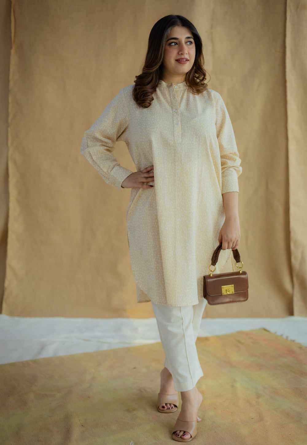 Nashwa Cream Hand Block Print Slub Cotton A Line Kurta