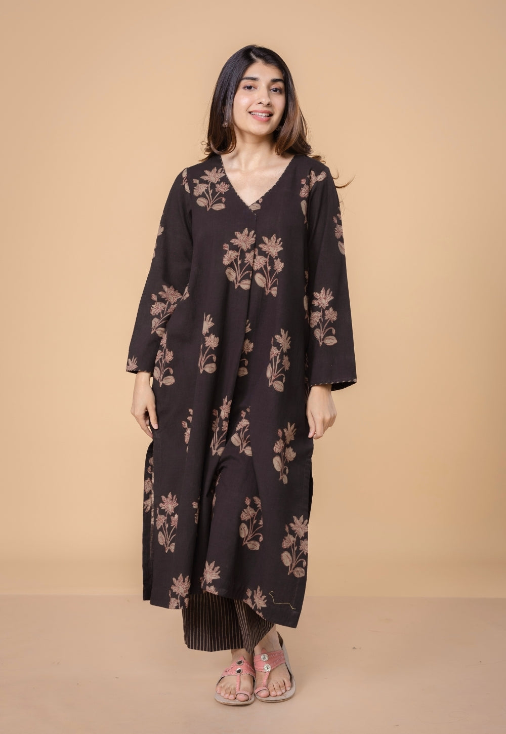 Megha Brown Dabu Slub Cotton Straight Kurta