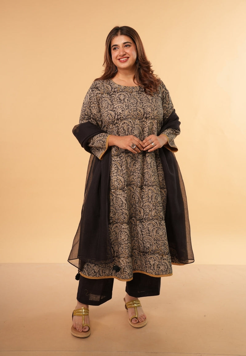 Nazia Black Kalamkari Cotton A Line Kurta