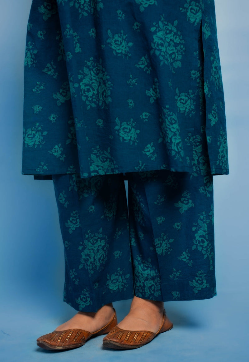 Harshi Blue Dabu Mul Cotton Straight Co-Ord Set