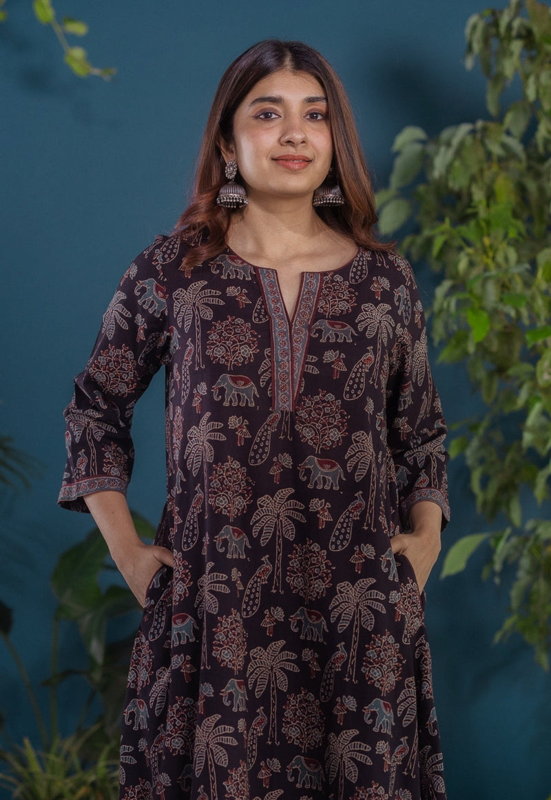 Ireen Black Ajrakh Cotton A Line Kurta