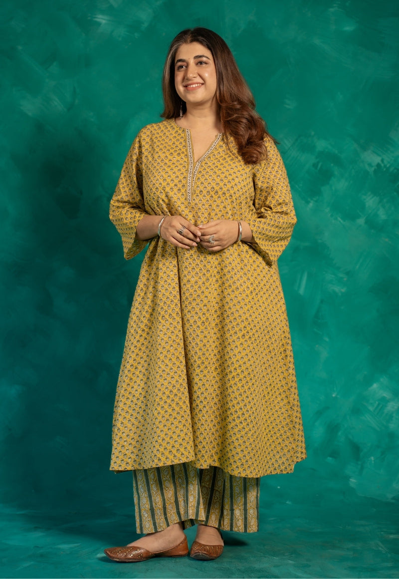 Azira Yellow Bagru Cotton A Line Kurta